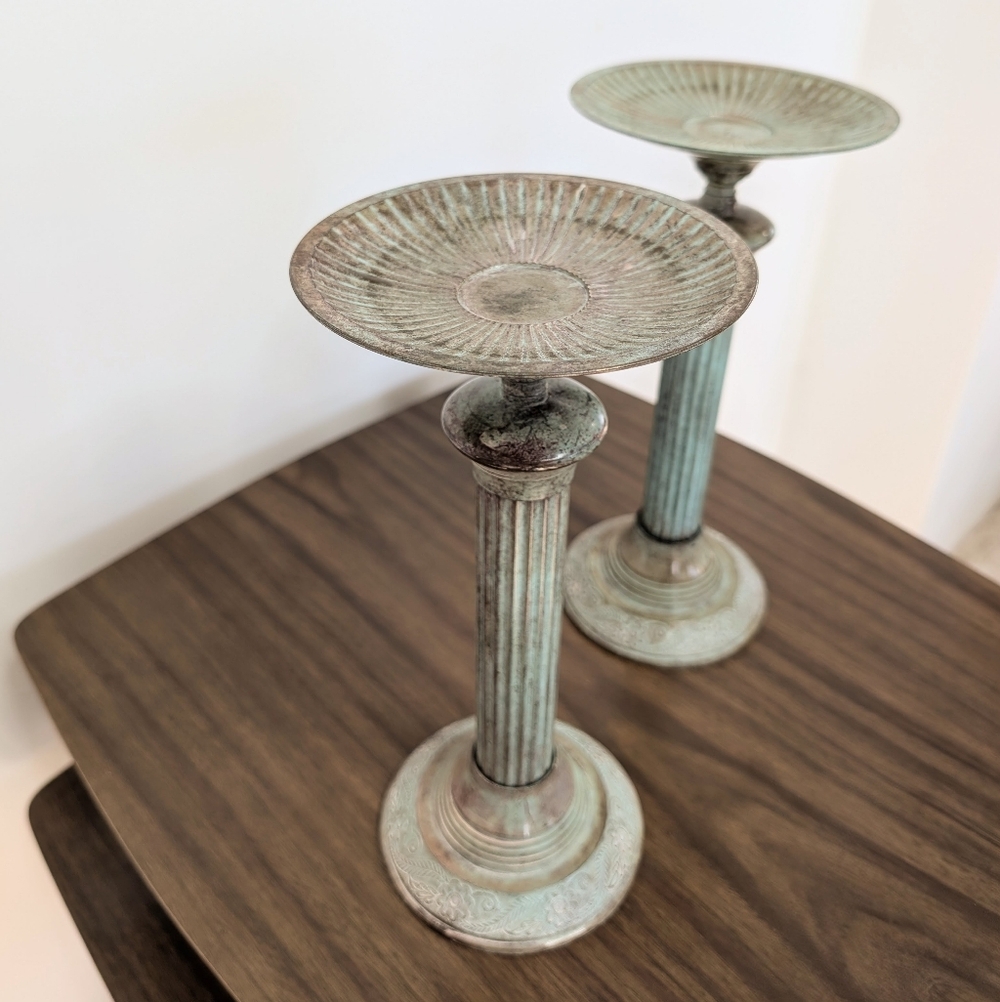 Vintage 1970s Greecian Roman Piller Style Metal Patina Tall Candle Holder Pair - Picture 4 of 7